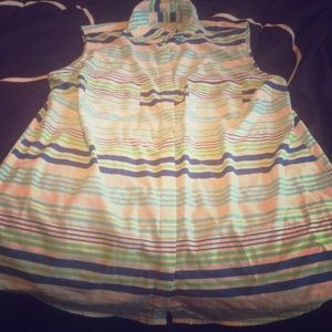 Blue, green and white striped sleeveless shirt